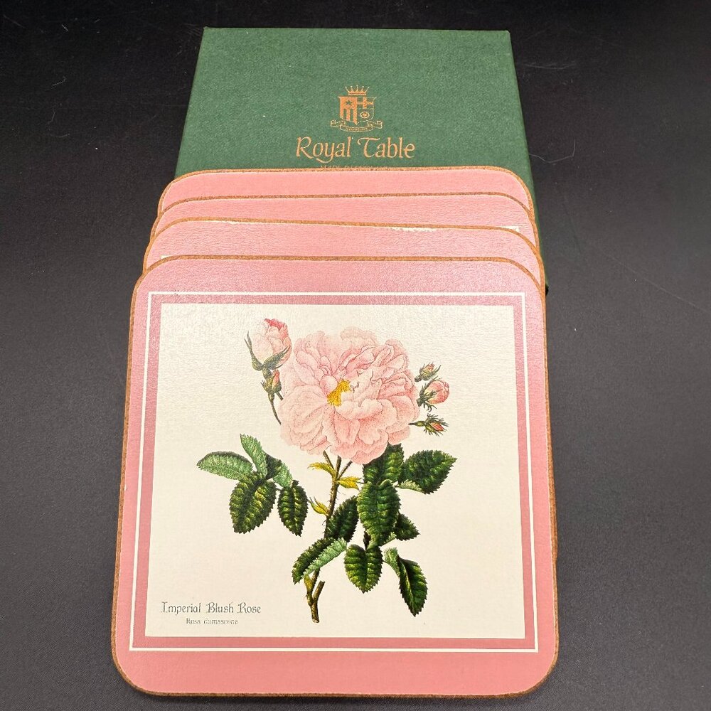 Vintage Royal Table Set of 4 Pink and Green Floral Cork Coasters Made in England